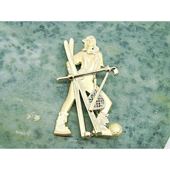 Vintage AJC Womens Golden Girl Tennis Soccer Golf Ski Hockey Brooch Pin 1.5X2.5" - Picture 10 of 10